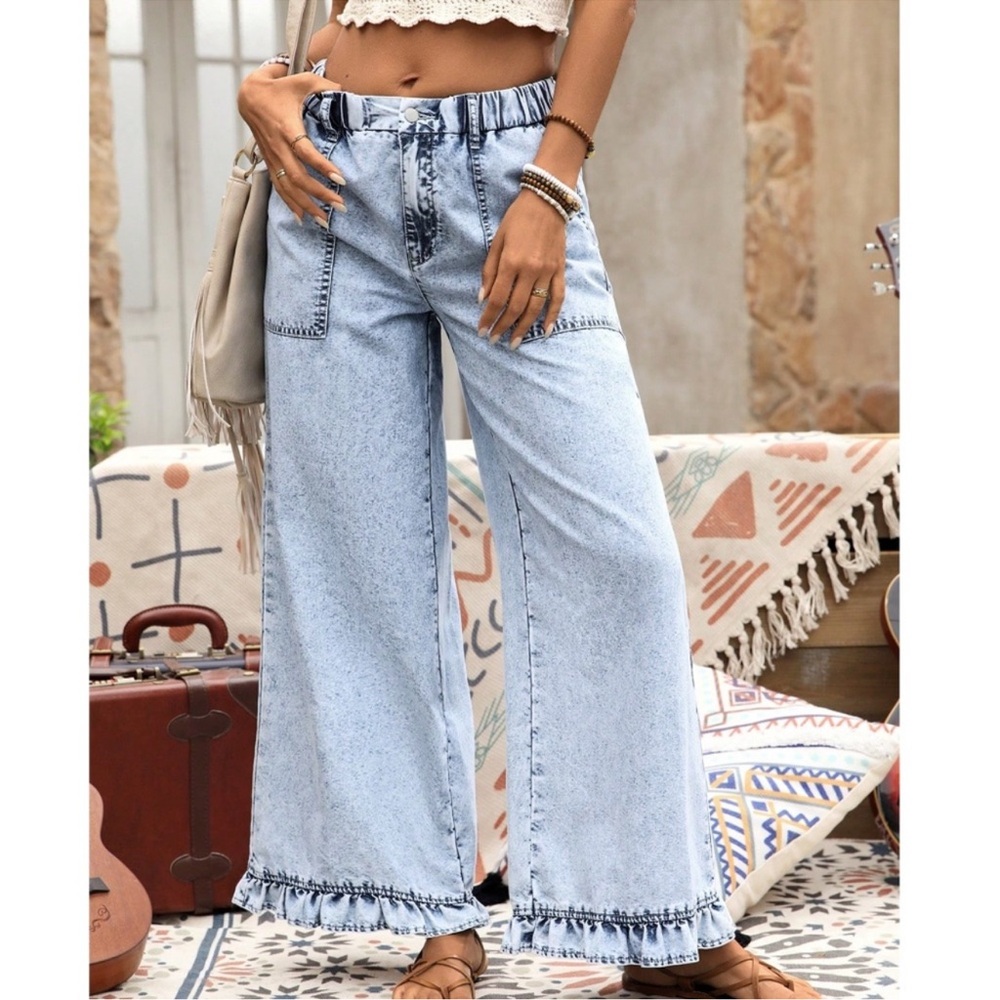 Light Wash Stretchy High Waist Ruffle Wide Leg Denim Jean Pants